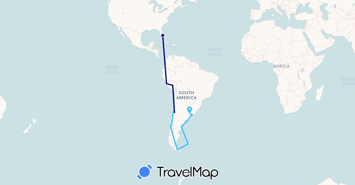 TravelMap itinerary: driving, boat in Argentina, Chile, Falkland Islands, Peru, United States, Uruguay (North America, South America)